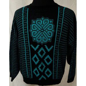 Vtg. G.F.C. Womens M/L Black Aqua Geometric Long Sleeve Made in NY USA Sweater